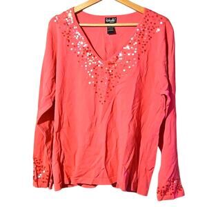 NWT Rafaella 1X Pink Sequin V-Neck Long-sleeved Top/Sweater [0023]